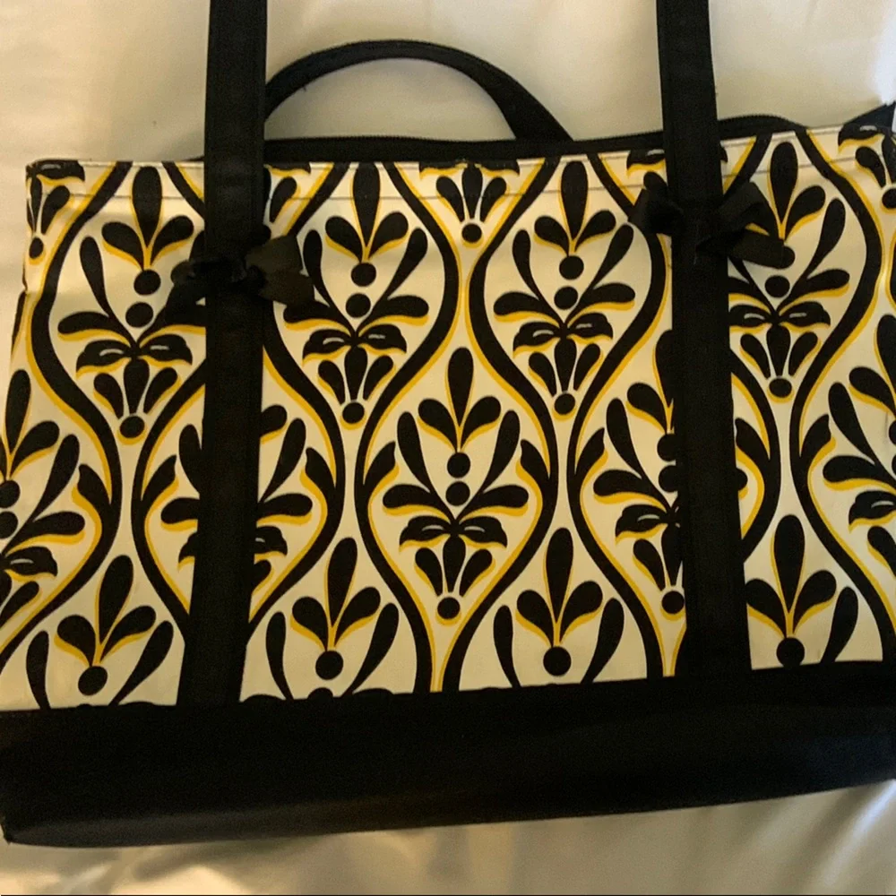 Talbots Black Cream Damask Print Tote Bag Structured Zip Top Purse